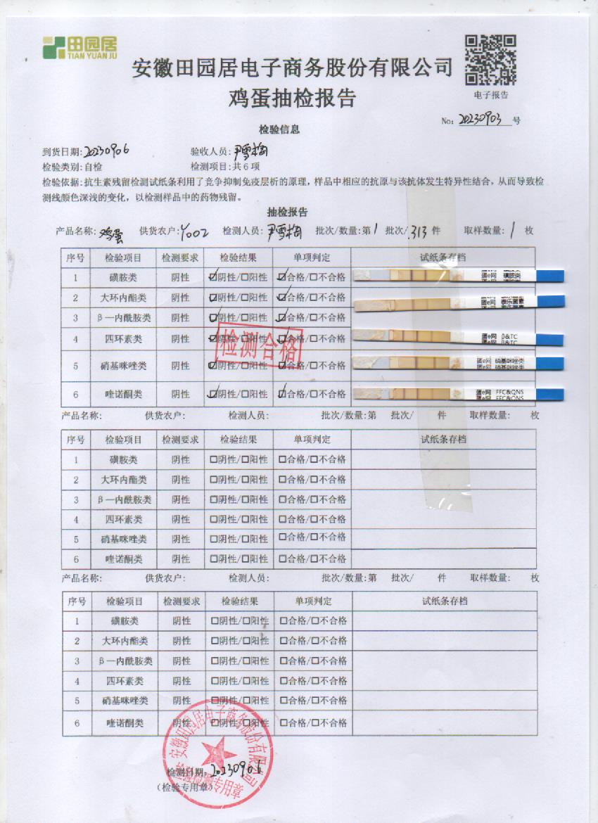 2023年09月06號鮮雞蛋檢測報告